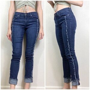 Karl Lagerfeld Dark Wash Mid Rise Raw Edge Cropped Cuffed Skinny Jeans